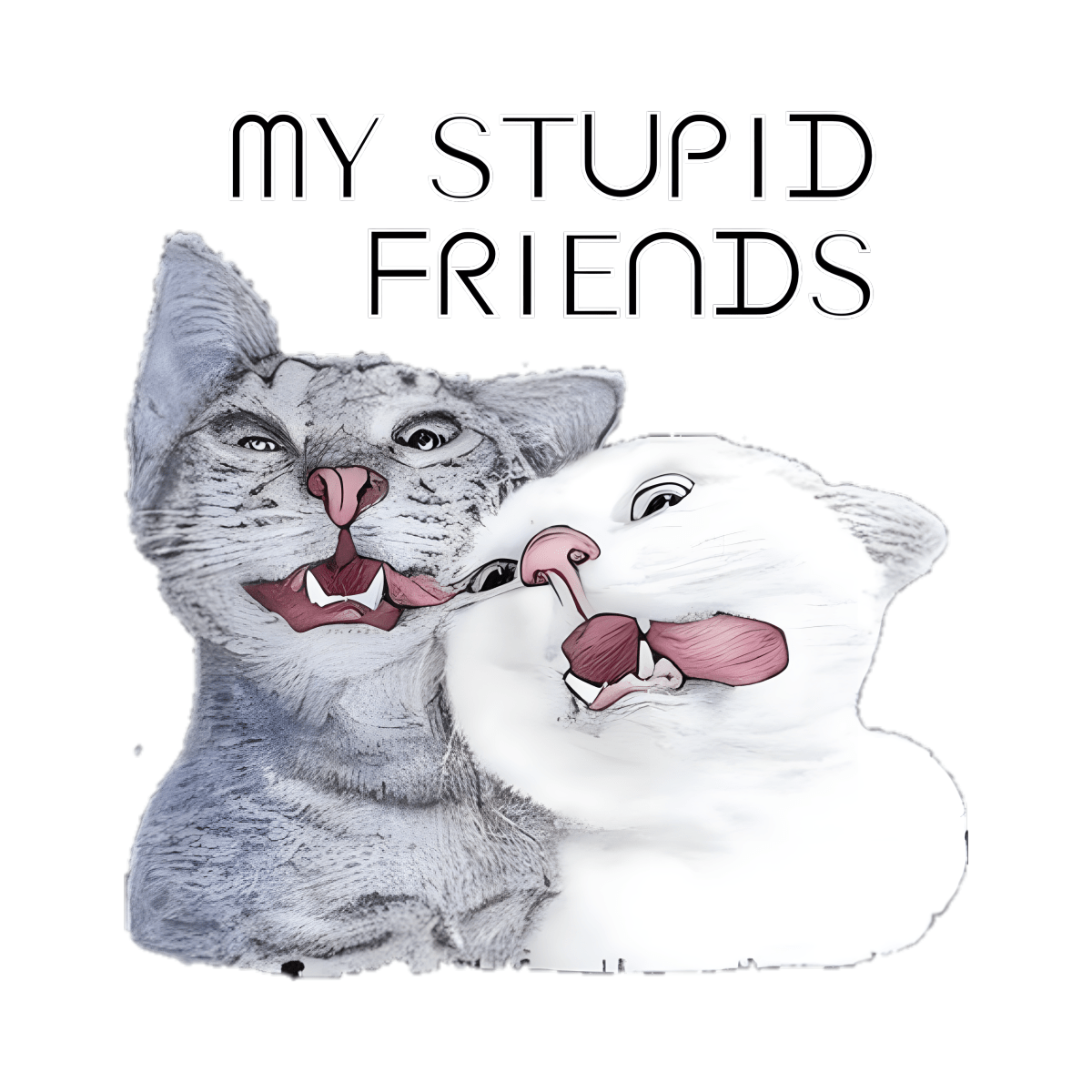 На изображении два смешных кота, серый и белый и название My stupid frends